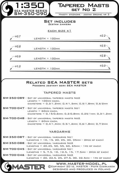 Master SM-350-090 Set of universal tapered masts No2 (length = 100mm each, diameters = 0,7/2,2mm; 0,8/2,5mm; 0,9/2,8mm; 1/3mm) 1/350 – imagen 3