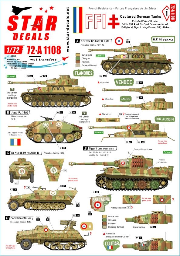 Star Decals 72-A1108 FFI # 1 Captured German tanks. French Resistance - Forces Françaises de l'Intérieur 1/72