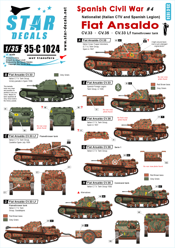 Star Decals 35-C1024 Guerre civile espagnole n° 4. Fiat Ansaldo 1/35