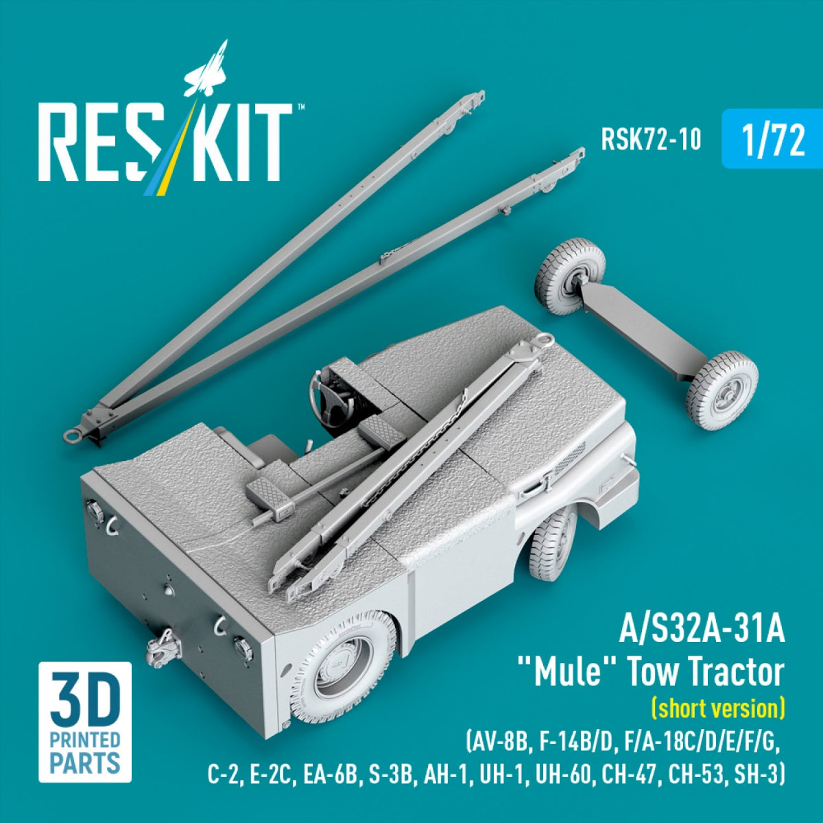 RESKIT RSK72-0010 A/S32A-31A "Mule" Tow Tractor (short version) (AV-8B, F-14B/D, F/A-18C/D/E/F/G, C-2, E-2С, EA-6B, S-3B, AH-1, UH-1, UH-60, CH-47, CH-53, SH-3) (3D Printed model kit) 1/72