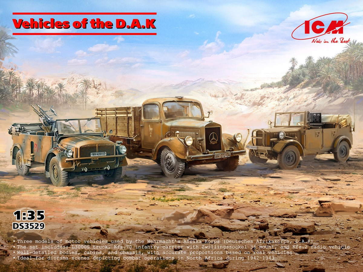 ICM DS3529 Vehicles of the DAK (sEPkw Kfz.70 with Zwillingssockel 36, Typ L3000S, le.gl.Einheitz-Pkw Kfz.2) 1/35 – image 2