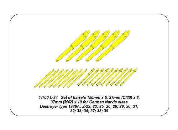 Aber 1/700L-34 Set of Barrels for Narvic classe destroyers type 1936A: 150mm x 5; 37mm x 8; 37mm(M42) x 10; 1/700 – Bild 5