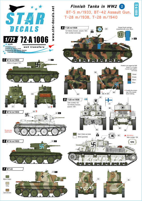 Star Decals 72-A1006 BT-5 m/1933, canon d&amp;#39;assaut BT-42, T-28 m/1938 et T-28 m/1940 1/72