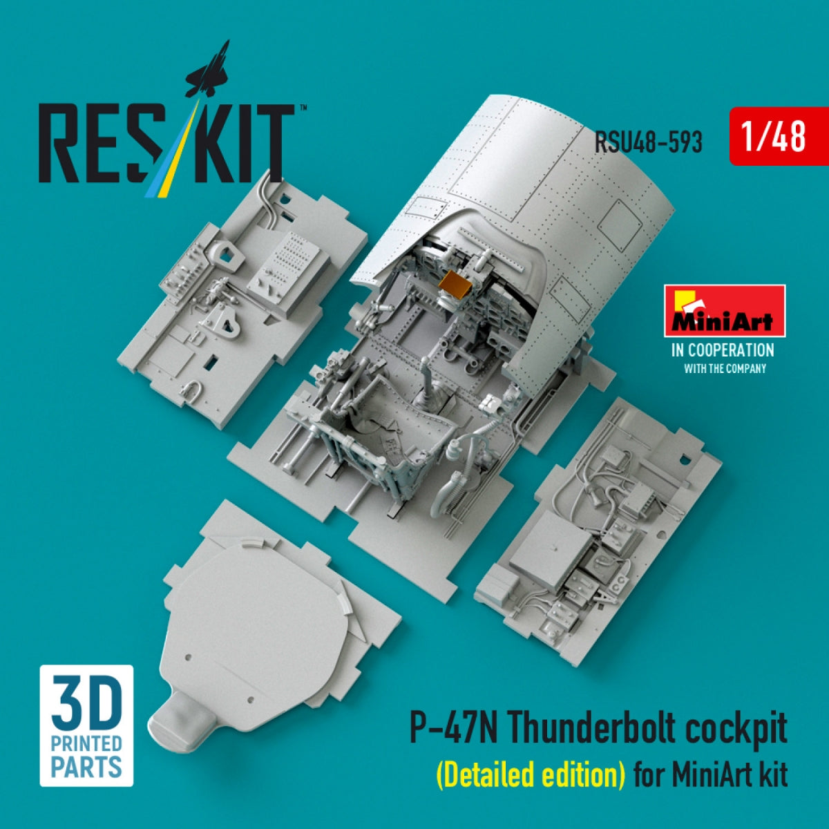 RESKIT RSU48-0593 P-47N Thunderbolt cockpit (Detailed edition) for MiniArt kit (3D Printed) 1/48
