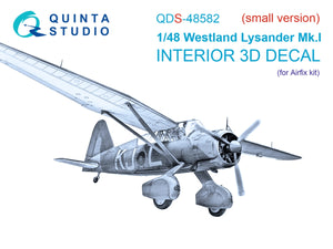 Quinta Studio QDS-48582 Westland Lysander Mk.I 3D-Printed &amp;amp; coloured Interior on decal paper (Airfix) (small version) 1/48