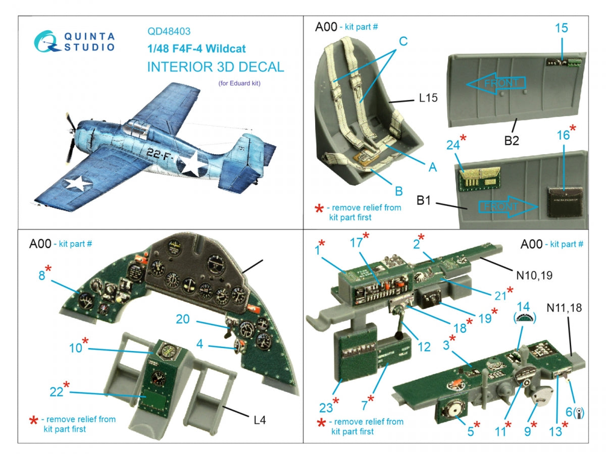 Quinta Studio QD48403 F4F-4 Wildcat 3D-Printed &amp;amp; coloured Interior on decal paper (Eduard) 1/48 – immagine 2