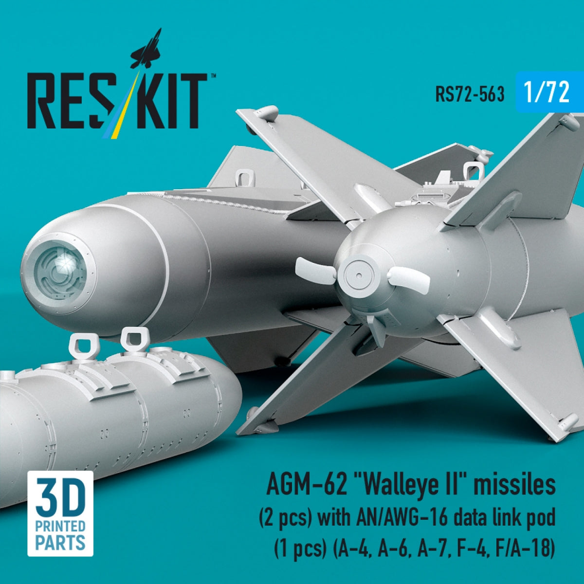 RESKIT RS72-0563 AGM-62 "Walleye II" missiles (2 pcs) with AN/AWG-16 data link pod (1 pcs) (A-4, A-6, A-7, F-4, F/A-18) (3D Printed) 1/72