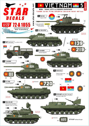 Star Decals 72-A1055 Vietnam n° 5. Marquages ​​pour chars et véhicules blindés nord-vietnamiens (NVA). Échelle 1/72.