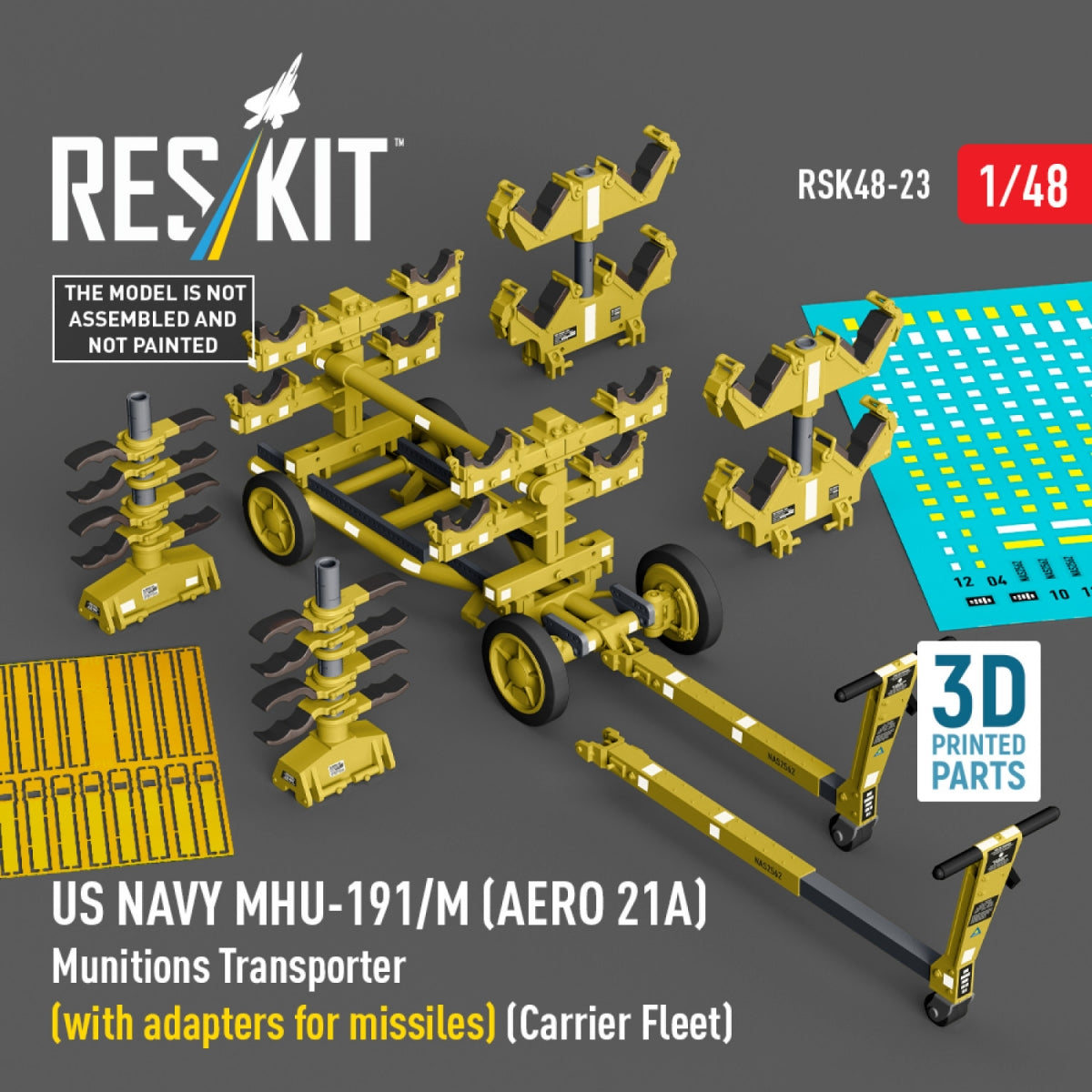 RESKIT RSK48-0023 US NAVY MHU-191/M (AERO 21A) Munitions Transporter (with adapters for missiles) (Carrier Fleet) (3D Printed model kit) 1/48 – immagine 5