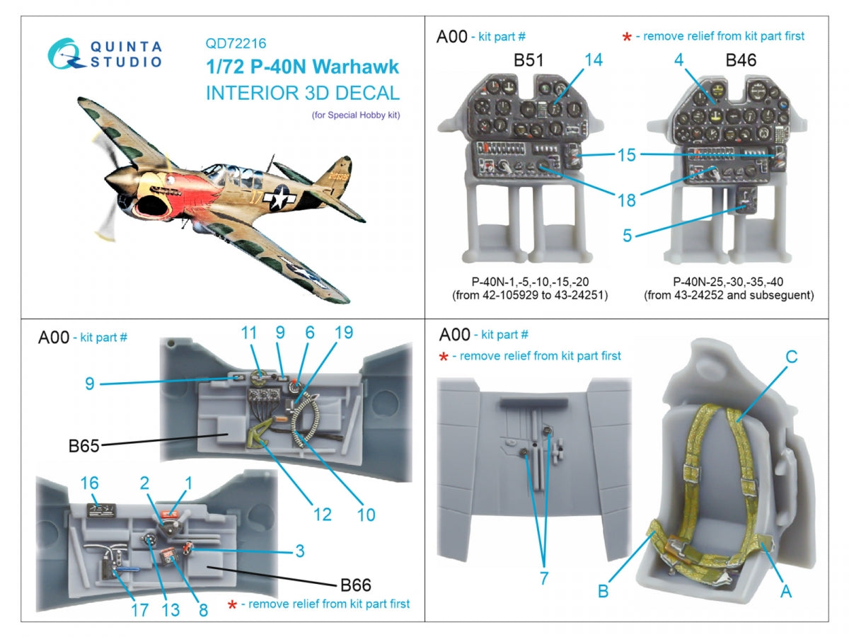Quinta Studio QD72216 P-40N Warhawk 3D-Printed &amp;amp; colored Interior on decal paper (Special Hobby) 1/72 – image 11