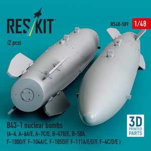 RESKIT RS48-0589 B43-1 nuclear bombs (2 pcs) (A-4, A-6A/E, A-7C/E, B-47B/E, B-58A, F-100D/F, F-104A/C, F-105D/F, F-111A/D/E/F, F-4C/D/E ) (3D Printed) 1/48