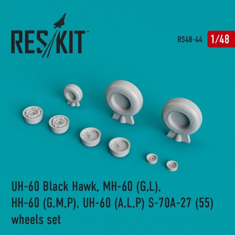 RESKIT RS48-0044 UH-60 Black Hawk, MH-60 (G,L), HH-60 (G,M,P), UH-60 (A,L,P) S-70A-27 (55) jeu de roues 1/48