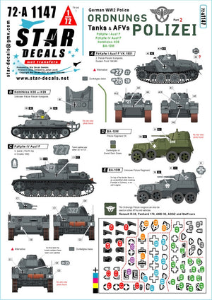 Star Decals 72-A1147 Ordnungs Polizei n° 2. Chars et véhicules blindés. Service anti-partisan et de sécurité. Échelle 1/72
