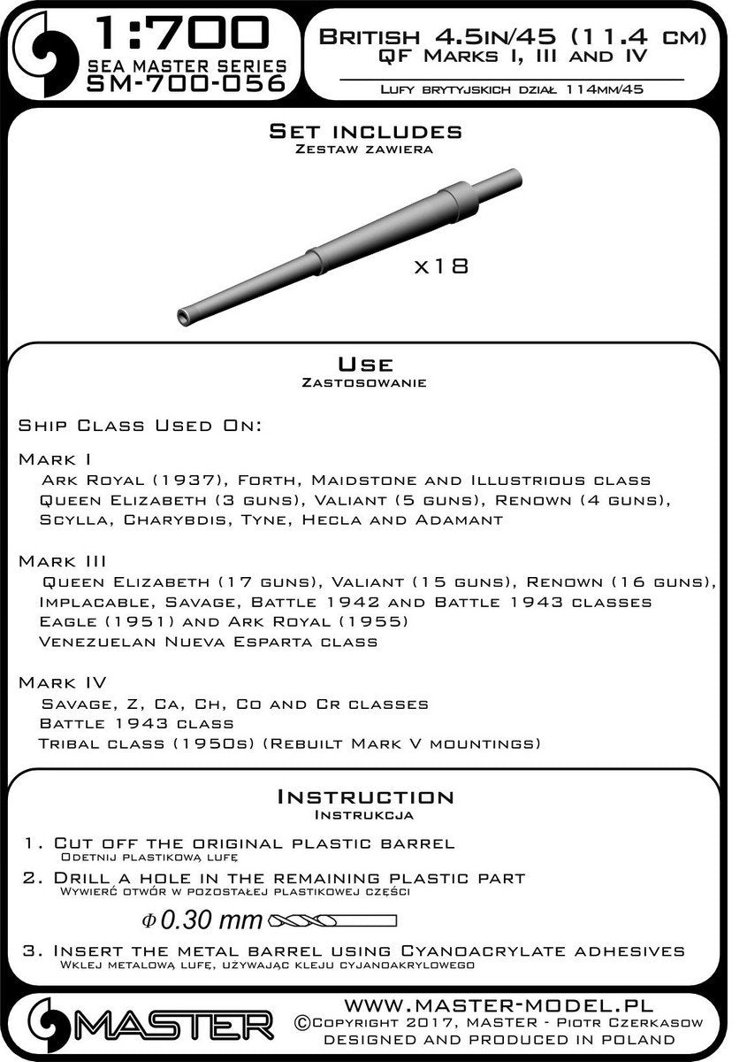 Master SM-700-056 British 4,5in/45 (11.4cm) QF Marks I,III and IV (18pcs) used on Ark Royal 1/700 – Bild 3