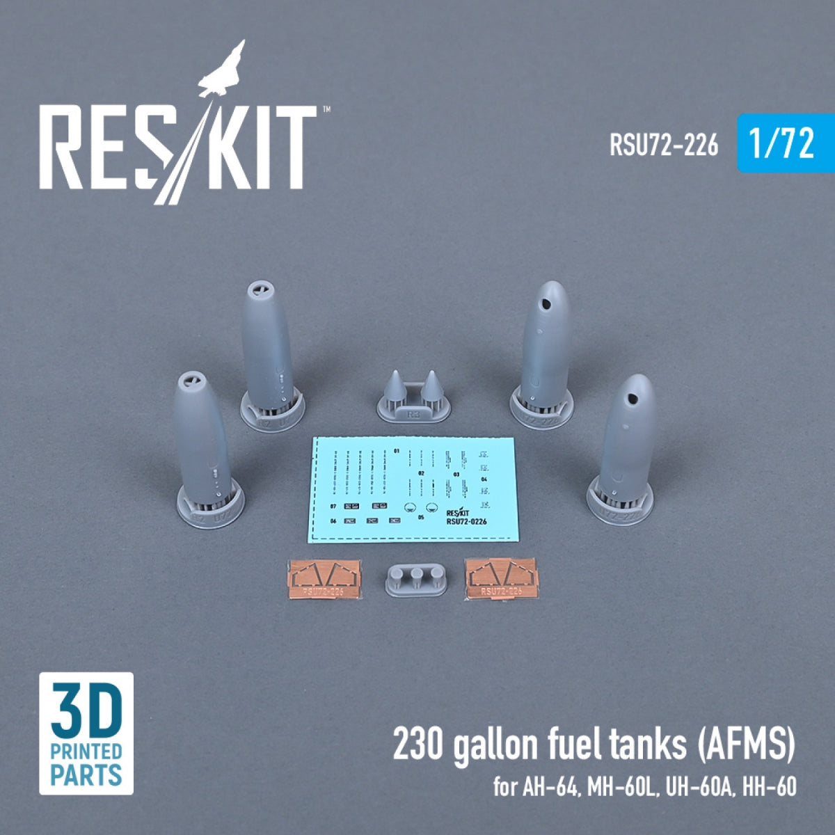 RESKIT RSU72-0226 230 GALLON FUEL TANKS (AFMS) FOR AH-64, MH-60L, UH-60A, HH-60 (2 PCS) (3D PRINTED) 1/72 – immagine 2