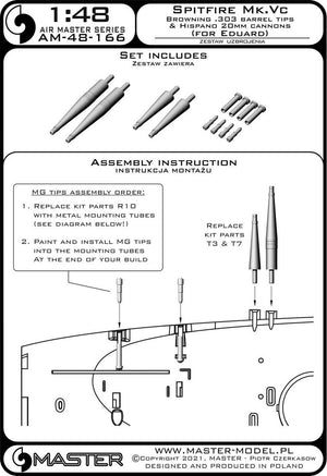 Master AM-48-166 Spitfire Mk. Vc - lufy działek Hispano 20mm w osłonach i końcówki luf Browning .303 (do modelu Eduarda) 1/48 – immagine 2