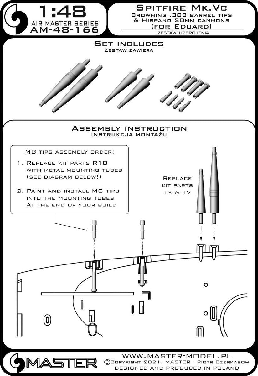 Master AM-48-166 Spitfire Mk. Vc - lufy działek Hispano 20mm w osłonach i końcówki luf Browning .303 (do modelu Eduarda) 1/48 – immagine 2