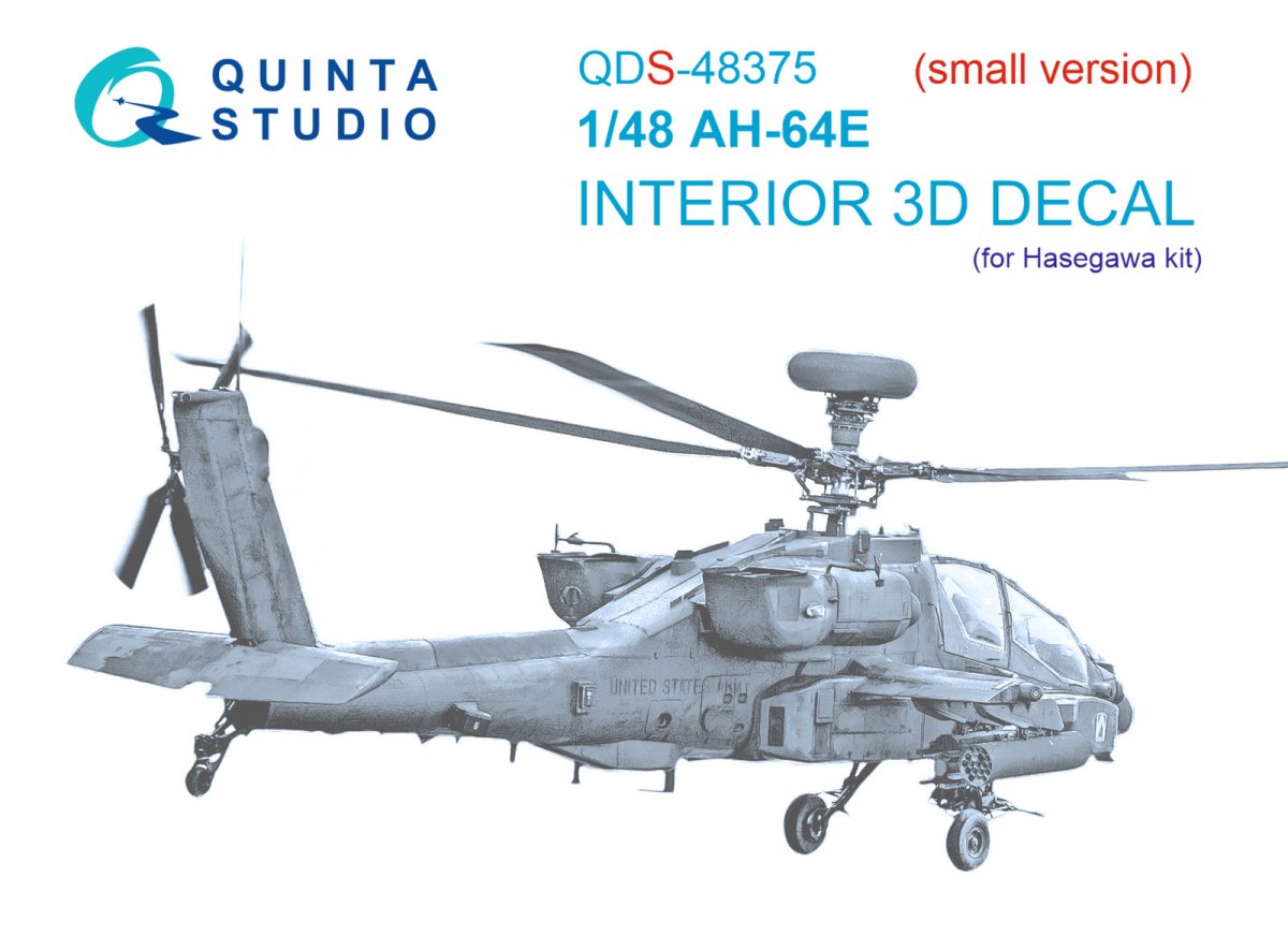 Quinta Studio QDS-48375 AH-64E 3D-Printed &amp; colored Interior on decal paper (Hasegawa) (Small version) 1/48