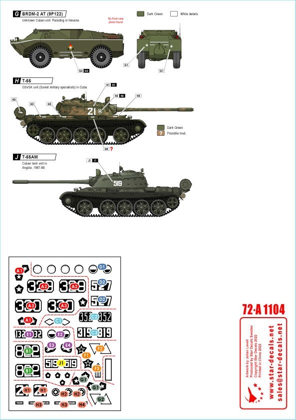 Star Decals 72-A1104 Tanks &amp;amp; AFVs in Cuba # 2. T-34/85, IS-2M, T-54A, T-55, T-55A, T-62A, ZSU-57-2, BRDM-2 (9P122). 1/72 – imagen 3