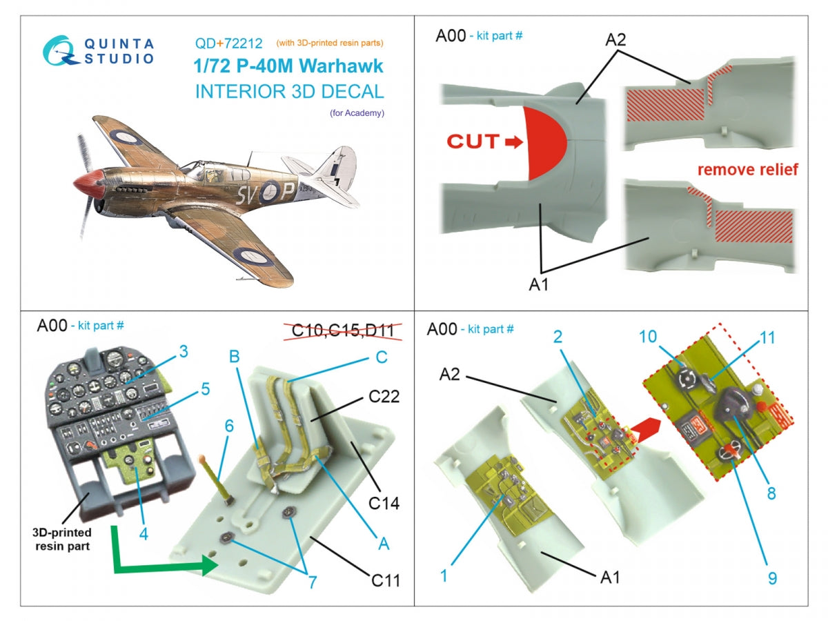 Quinta Studio QD+72212 P-40M Warhawk 3D-Printed &amp;amp; coloured Interior on decal paper (Academy) (with 3D-printed resin parts) 1/72 – zdjęcie 11
