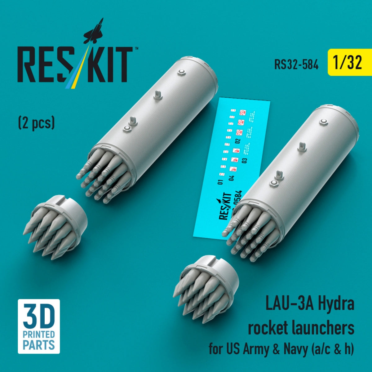 RESKIT RS32-0584 LAU-3A Hydra rocket launchers for US Army & Navy (a/c & h) (2 pcs) (3D Printed) 1/32