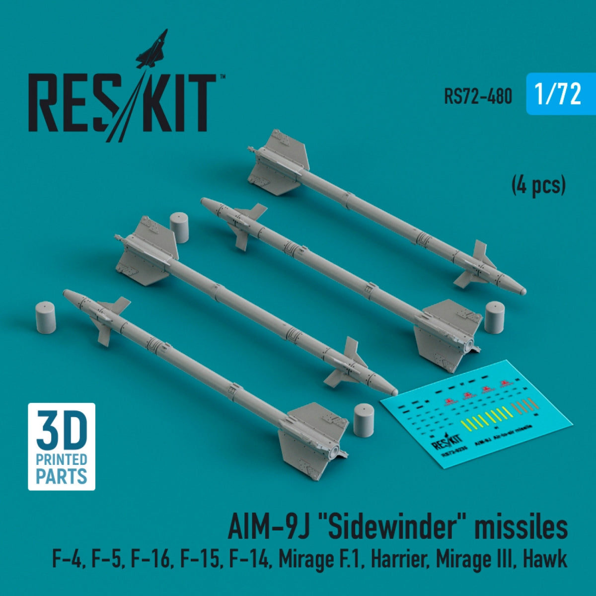RESKIT RS72-0480 AIM-9J "Sidewinder" missiles (4 pcs) (3D Printed) 1/72