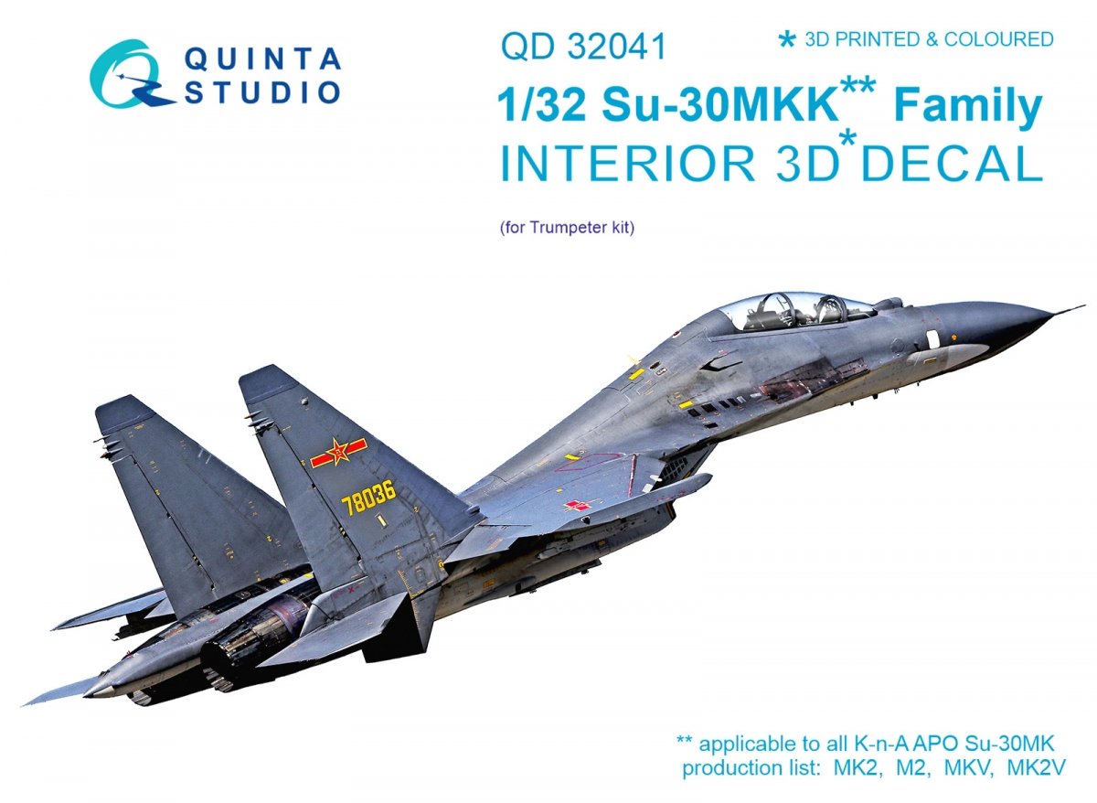 Quinta Studio QD32041 Su-30MKK 3D-Printed &amp;amp; coloured Interior on decal paper (for Trumpeter kit) 1/32