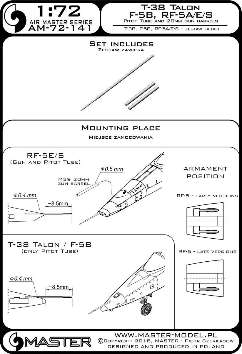 Master AM-72-141 T-38 Talon / F-5B / RF-5A, E, S - Pitot tube and 20mm gun barrels 1/72 – image 3