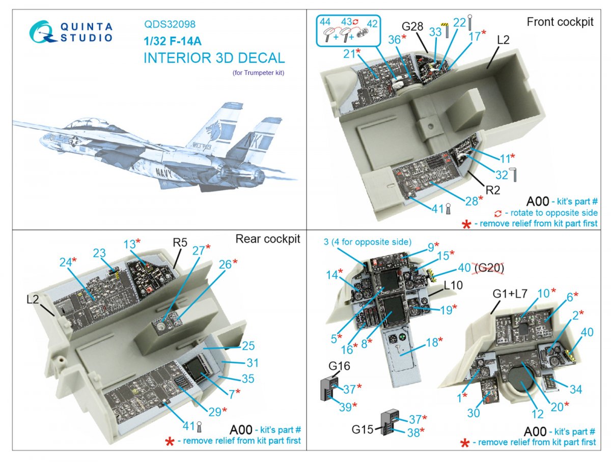 Quinta Studio QDS-32098 F-14A 3D-Printed &amp;amp; coloured Interior on decal paper ( Trumpeter ) (Small version) 1/32 – immagine 2