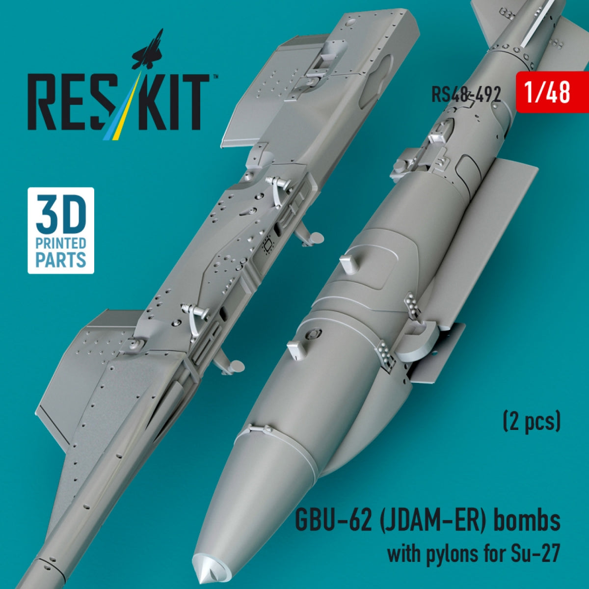 RESKIT RS48-0492 GBU-62 (JDAM-ER) bombs with pylons for Su-27 &amp;quot;Flanker&amp;quot; (2 pcs) (3D Printed) 1/48