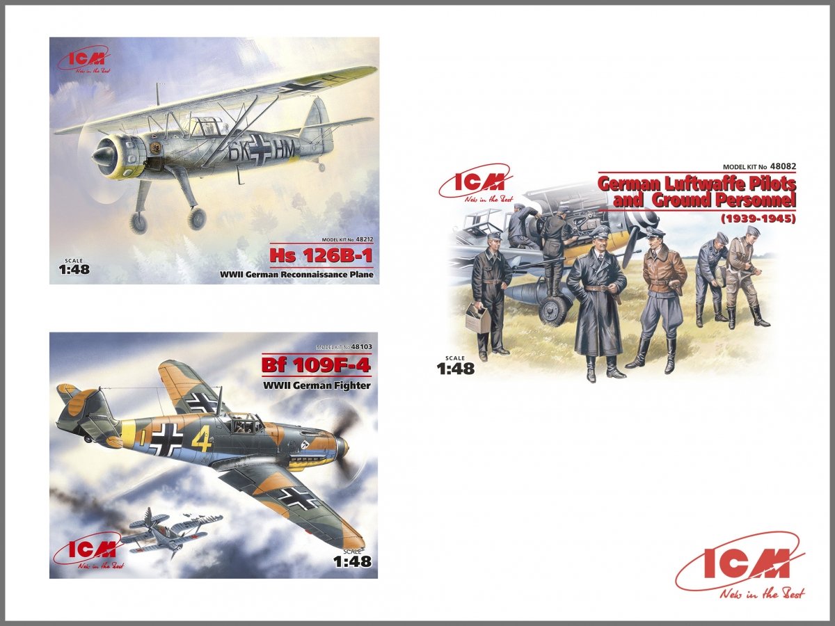 ICM DS4801 WWII Luftwaffe Airfield ( Messerschmitt Bf-109F-4, Henschel Hs-126 B-1, German Luftwaffe Pilots and Groun ) 1/48 – immagine 2