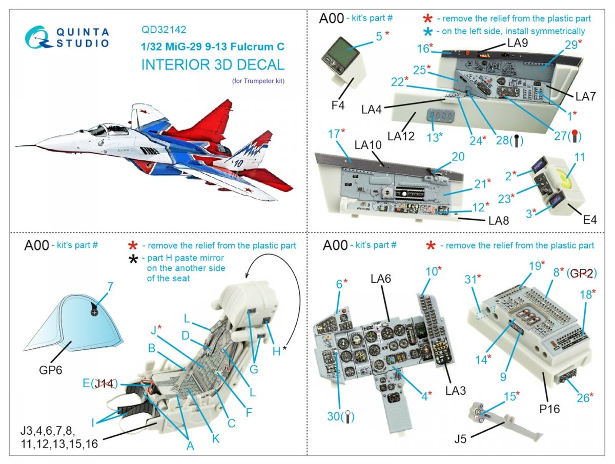 Quinta Studio QD32142 MiG-29 9-13 Fulcrum C 3D-Printed &amp;amp; coloured Interior on decal paper (Trumpeter) 1/32 – Bild 2