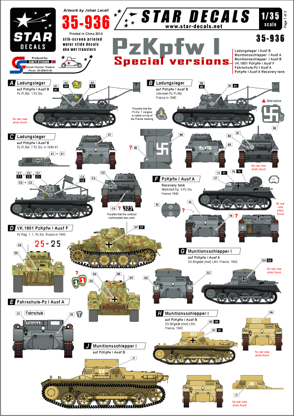 Star Decals 35-936 PzKpfw I versions spéciales 1/35