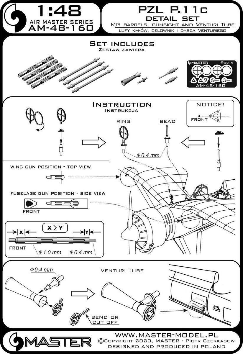 Master AM-48-160 PZL P.11c - kit de détails - canons de fusil wz. 33, viseurs et tuyère Venturi 1/48 – image 9