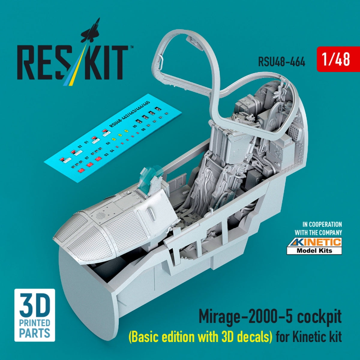 RESKIT RSU48-0464 Mirage-2000-5 cockpit (Basic edition with 3D decals) for Kinetic kit (3D Printed) 1/48