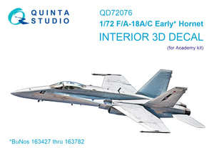 Quinta Studio QD72076 F/A-18A/C early 3D-Printed &amp;amp; coloured Interior on decal paper (Academy) 1/72