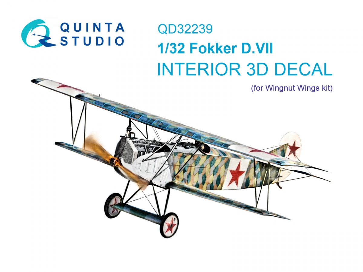 Quinta Studio QD32239 Fokker D.VII 3D-Printed &amp;amp; coloured Interior on decal paper (Wingnut Wings) 1/32