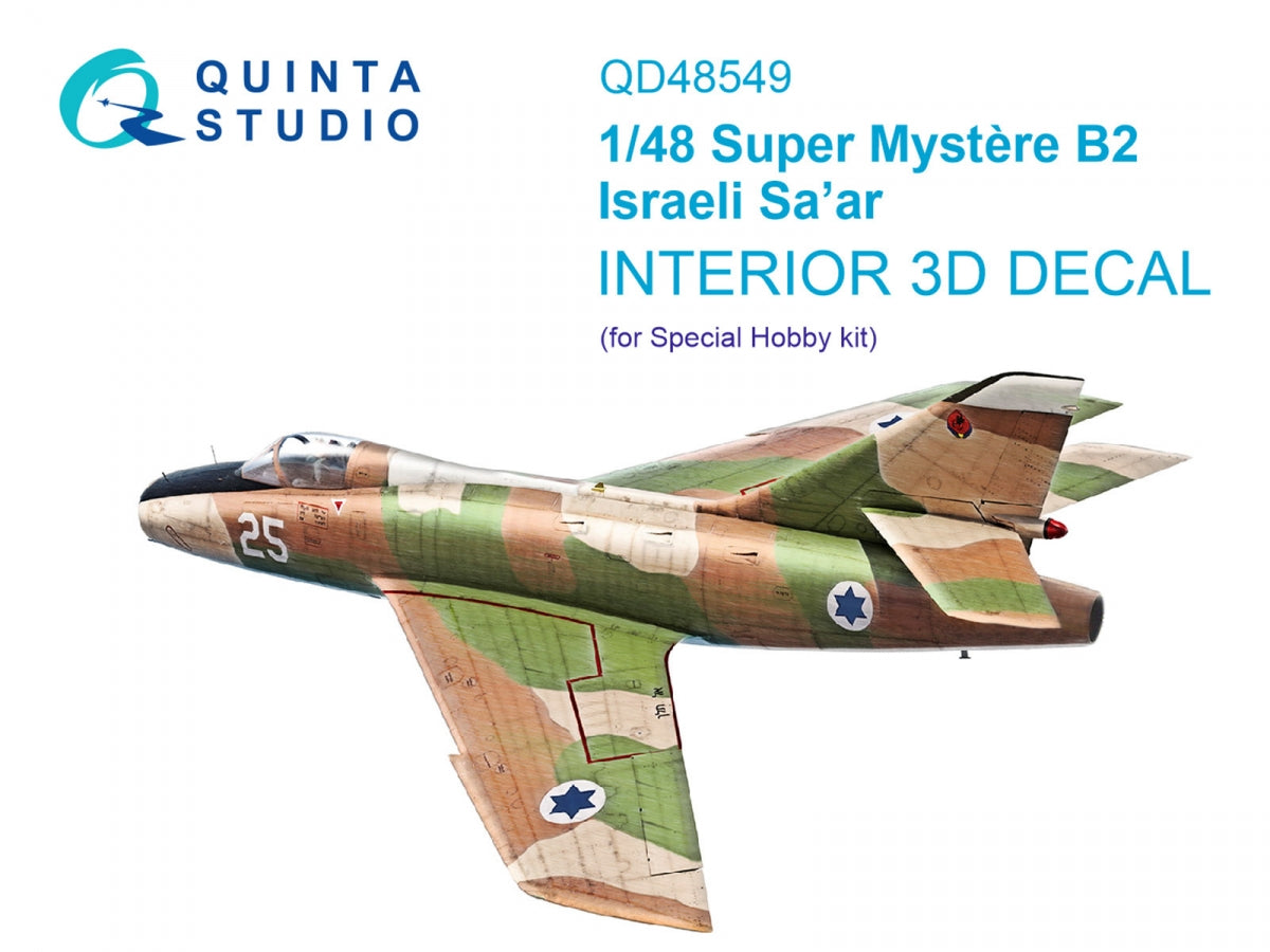 Quinta Studio QD48549 Super Mystere B2 Israeli Sa&amp;#39;ar 3D-Printed &amp;amp; colored Interior on decal paper (Special Hobby) 1/48