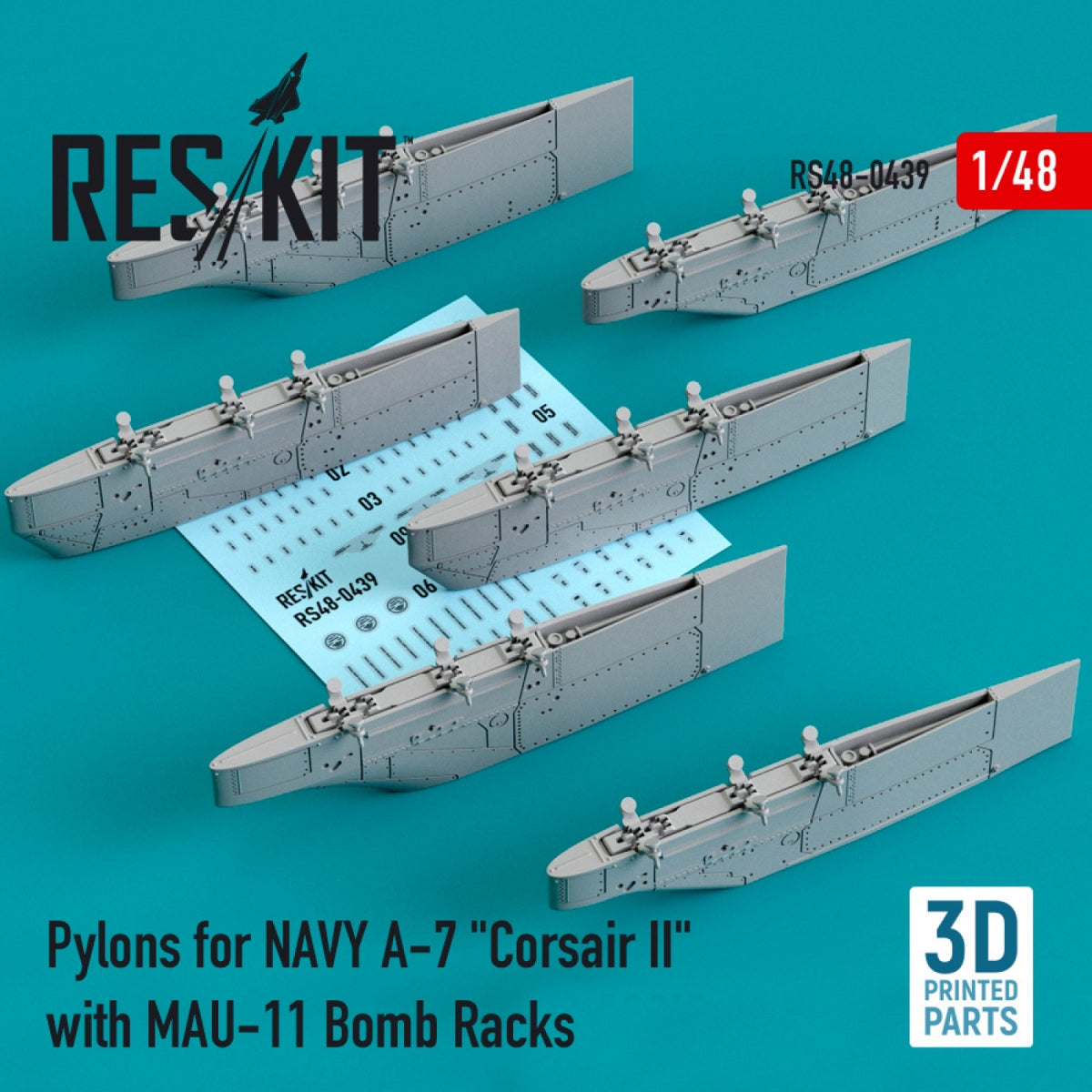 Pylônes RESKIT RS48-0439 pour A-7 « Corsair II » de l&amp;#39;aéronavale avec supports de bombes MAU-11 (impression 3D) 1/48