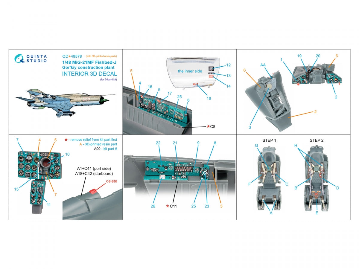 Quinta Studio QD+48578 MiG-21MF Fishbed-J (Gorkiy plant) 3D-Printed &amp;amp; colored Interior on decal paper (Eduard) (with 3D-printed resin parts) 1/48 – image 2