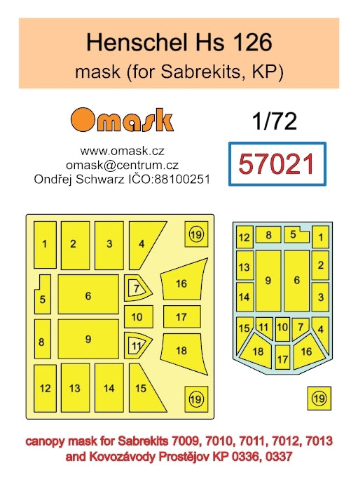 Omask 57021 Henschel Hs 126 mask (for Sabrekits, KP) 1/72