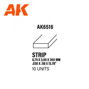 AK Interactive AK6516 STRIPS 0.75 X 3.00 X 350MM – STYRENE STRIP – (10 UNITS)