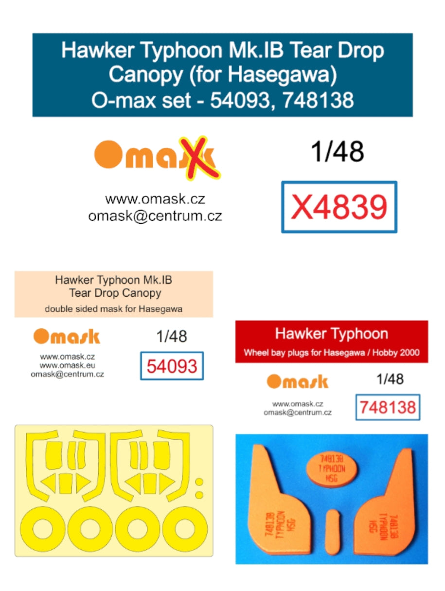 Omask X4839 Hawker Typhoon Mk. IB Tear Drop Canopy O-Max Set (for Hasegawa, Hobby 2000) 1/48
